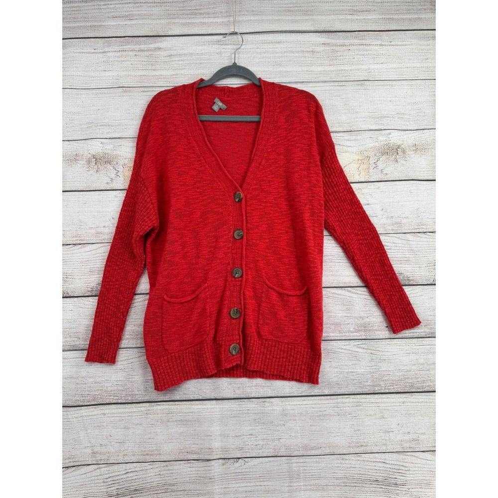 J. Jill Cardigan Sweater Womens M Petite Red Marled V-Neck Button Front Pockets
